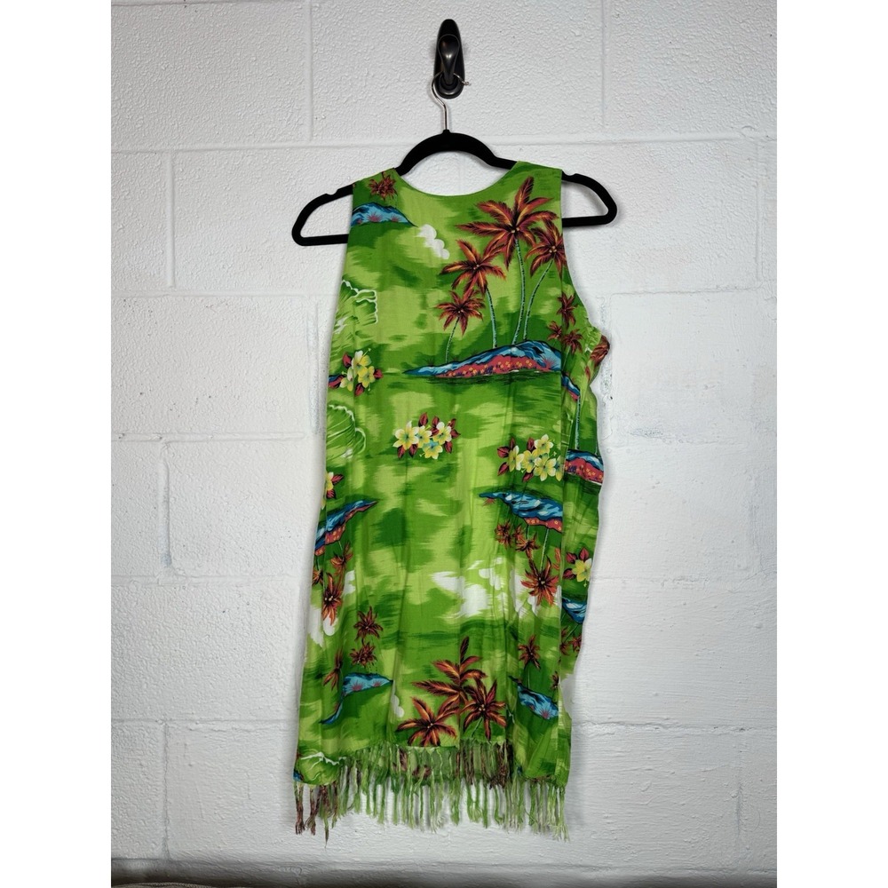 Vtg Koko Knot Hawaiian Tropical Dress Green Palm Print Fringe Hem Rayon Sz M‎